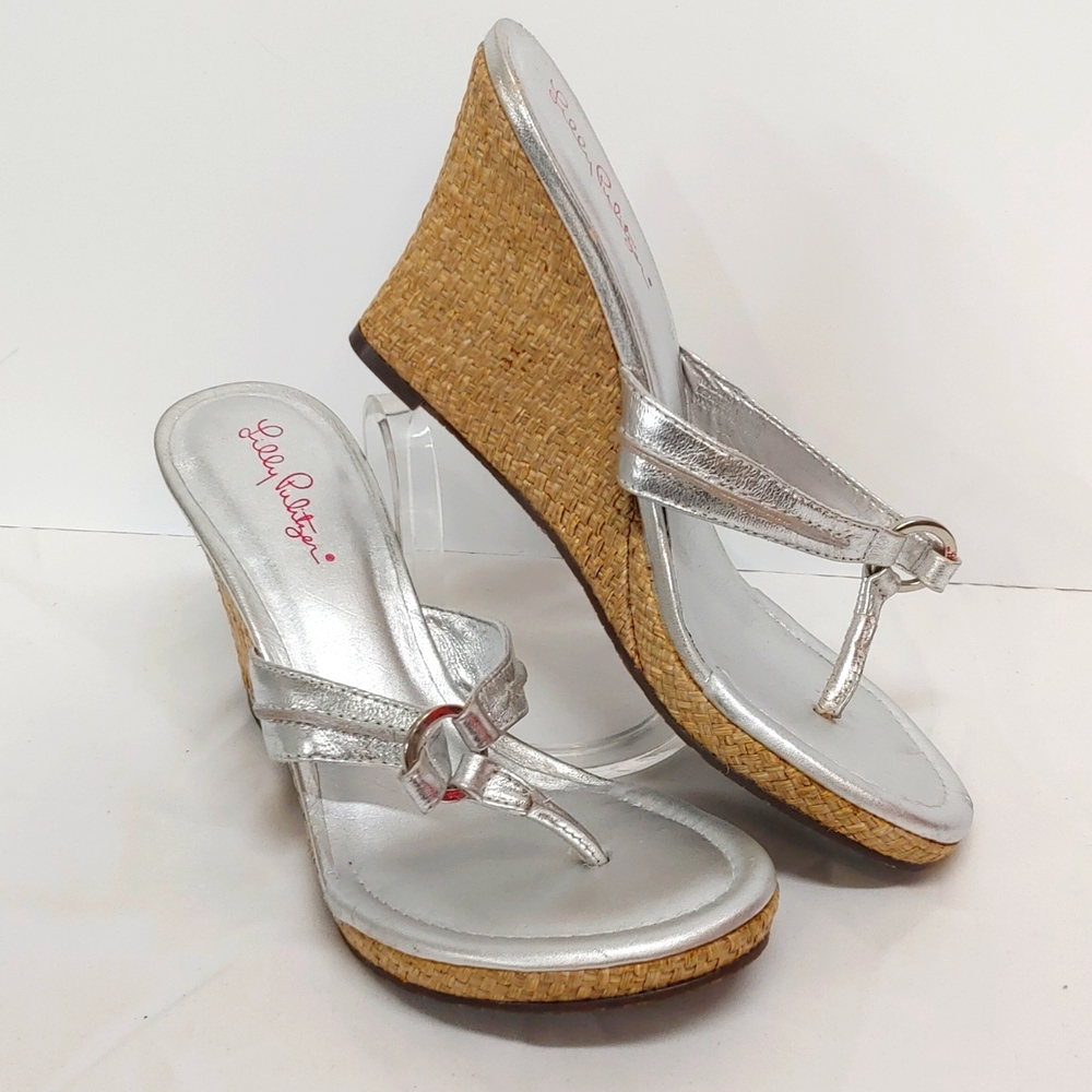 Lilly Pulitzer Silver Wedge Sandals, Size 9M